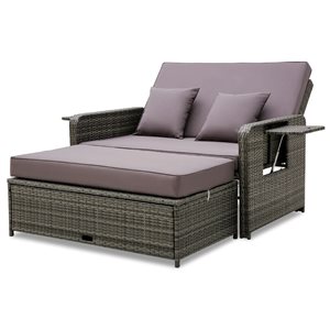 Costway Patio Rattan Loveseat Daybed w/ Storage and Gray Cushion