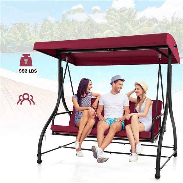 Costway 57-in 3-Seat Black Patio Swing Glider w/ Adjustable Canopy
