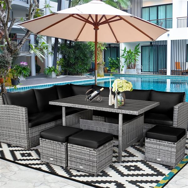 Costway 7-Piece Black Patio Rattan Sectional Sofa Set w/ Table and Ottoman