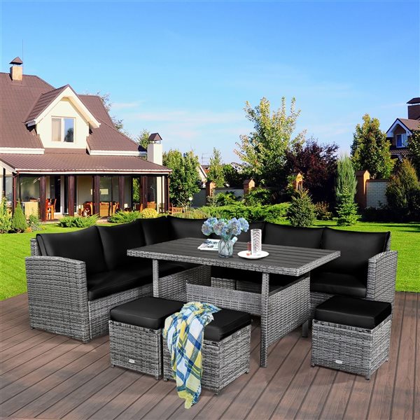 Costway 7-Piece Black Patio Rattan Sectional Sofa Set w/ Table and Ottoman