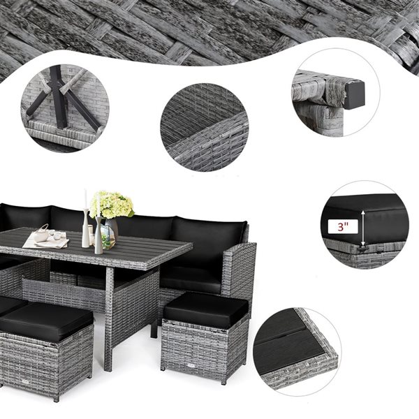 Costway 7-Piece Black Patio Rattan Sectional Sofa Set w/ Table and Ottoman