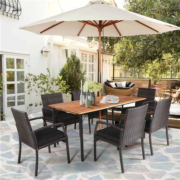 Costway 7-Piece Black Patio Rattan Dining Chair Table Set w/ Cushion and Umbrella Hole