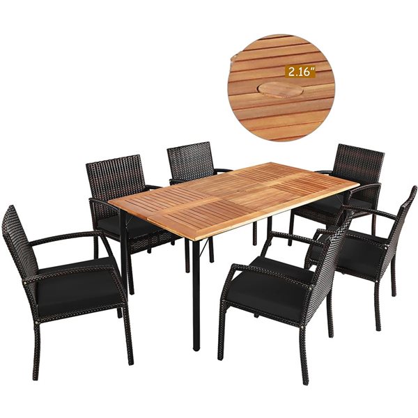 Costway 7-Piece Black Patio Rattan Dining Chair Table Set w/ Cushion and Umbrella Hole