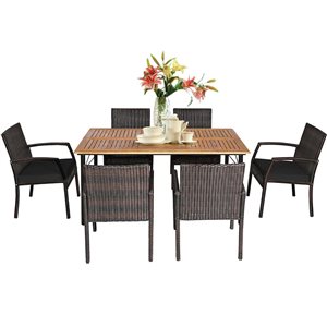 Costway 7-Piece Black Patio Rattan Dining Chair Table Set w/ Cushion and Umbrella Hole