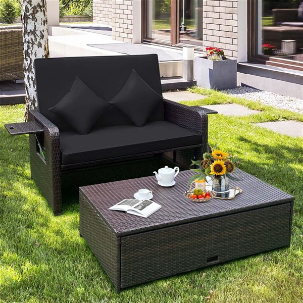 Costway Patio Rattan Black Loveseat Daybed w/Storage