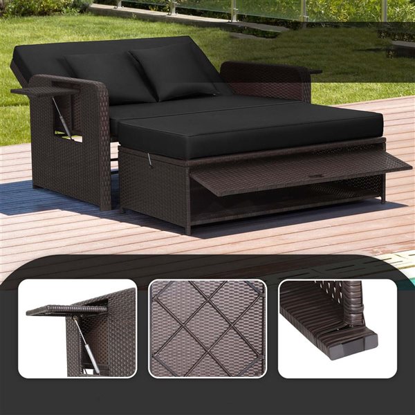 Costway Patio Rattan Black Loveseat Daybed w/Storage