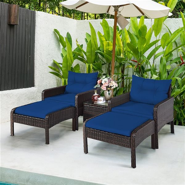 Costway 5-Piece Patio Rattan Armrest Chair and Side Table w/ Navy Cushion