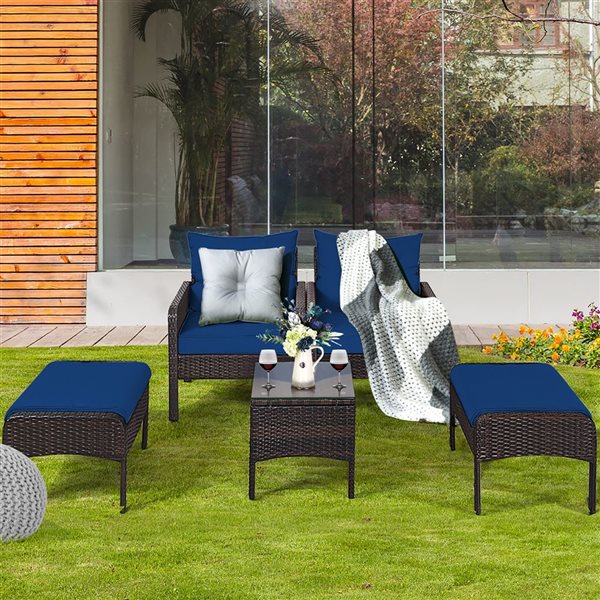 Costway 5-Piece Patio Rattan Armrest Chair and Side Table w/ Navy Cushion