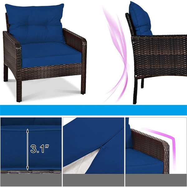 Costway 5-Piece Patio Rattan Armrest Chair and Side Table w/ Navy Cushion