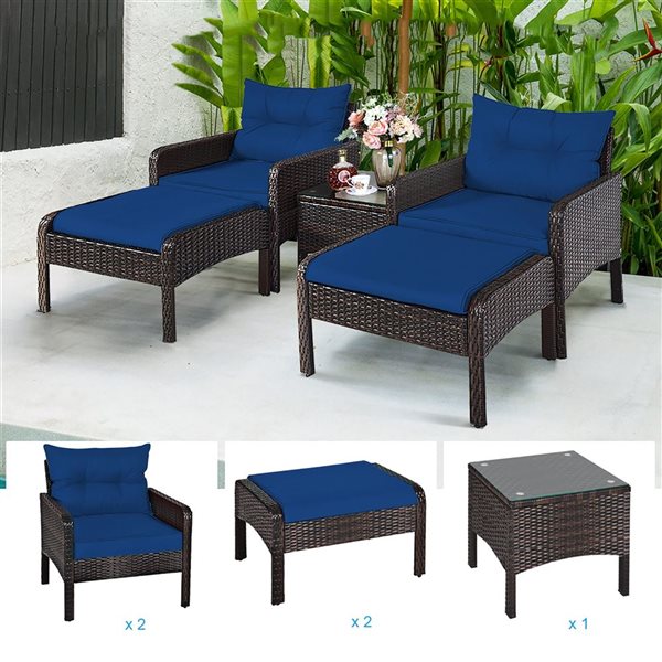 Costway 5-Piece Patio Rattan Armrest Chair and Side Table w/ Navy Cushion