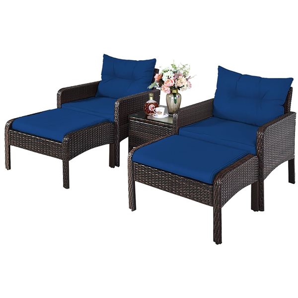 Costway 5-Piece Patio Rattan Armrest Chair and Side Table w/ Navy Cushion