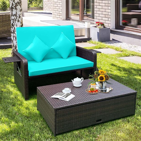 Costway Patio Rattan Turquoise Loveseat Daybed w/Storage