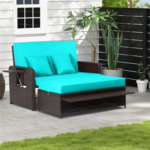 Costway Patio Rattan Turquoise Loveseat Daybed w/Storage