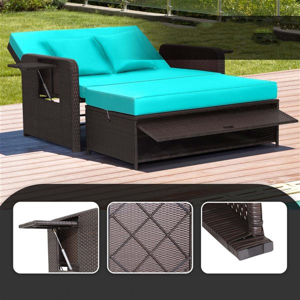 Costway Patio Rattan Turquoise Loveseat Daybed w/Storage