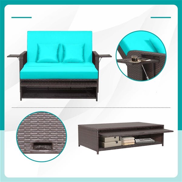 Costway Patio Rattan Turquoise Loveseat Daybed w/Storage