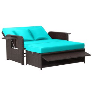 Costway Patio Rattan Turquoise Loveseat Daybed w/Storage