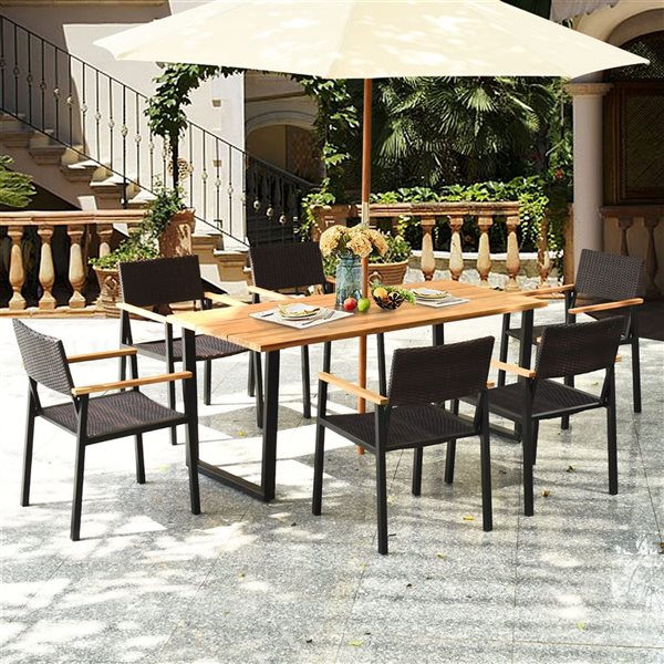 Costway 7-Piece Black Patio Rattan Dining Chair Table Set w/ Umbrella Hole