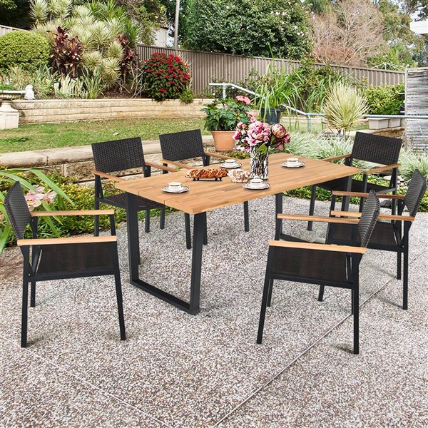 Costway 7-Piece Black Patio Rattan Dining Chair Table Set w/ Umbrella Hole