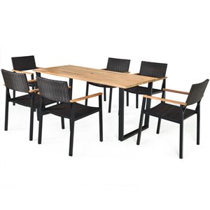 Costway 7-Piece Black Patio Rattan Dining Chair Table Set w/ Umbrella Hole