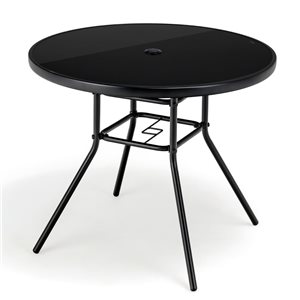 Costway 34-in Black Round Patio Table w/Tempered Glass Tabletop and 1.5-in Umbrella Hole