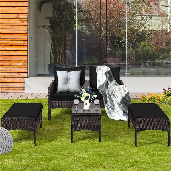 Costway 5-Piece Patio Rattan Armrest Chair and Side Table w/ Black Cushion