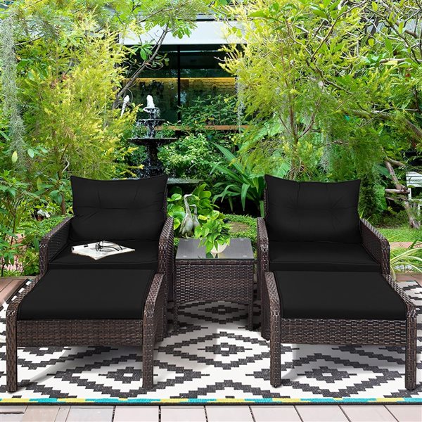 Costway 5-Piece Patio Rattan Armrest Chair and Side Table w/ Black Cushion