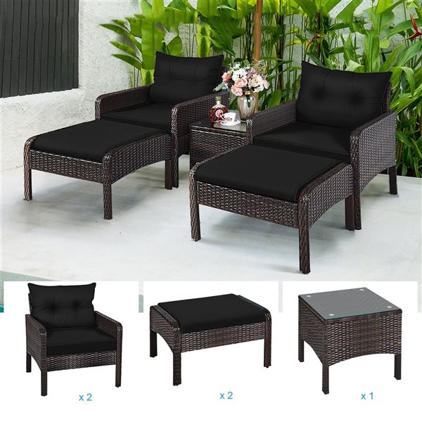 Costway 5-Piece Patio Rattan Armrest Chair and Side Table w/ Black Cushion