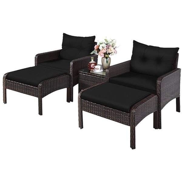 Costway 5-Piece Patio Rattan Armrest Chair and Side Table w/ Black Cushion