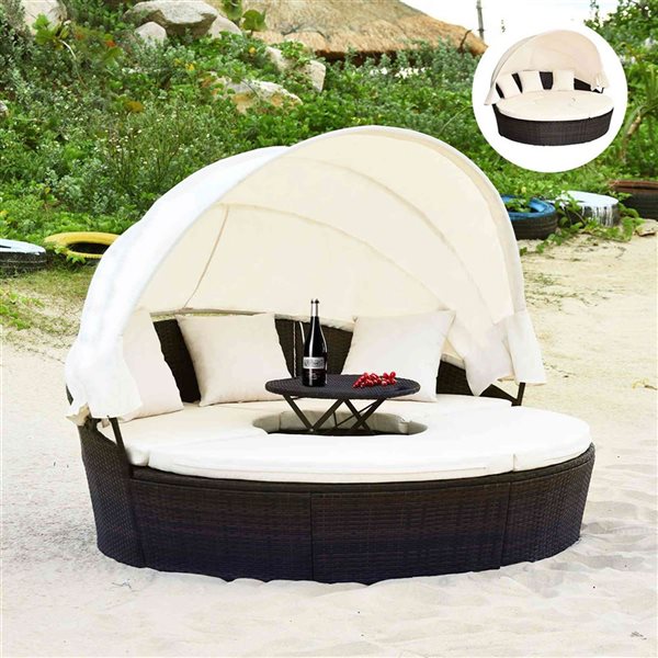 Costway Rattan White Sectional Seating Daybed w/ Side Table and Retractable Canopy