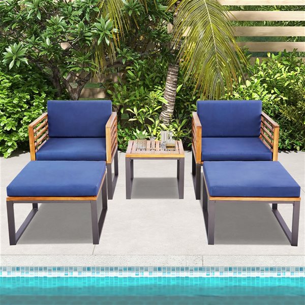 Costway 5-Piece Acacia Wood and Metal Chair and Table set w/ Navy Cushion