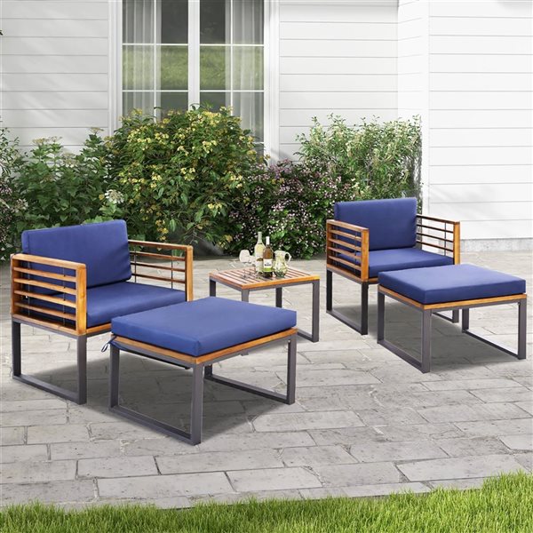 Costway 5-Piece Acacia Wood and Metal Chair and Table set w/ Navy Cushion