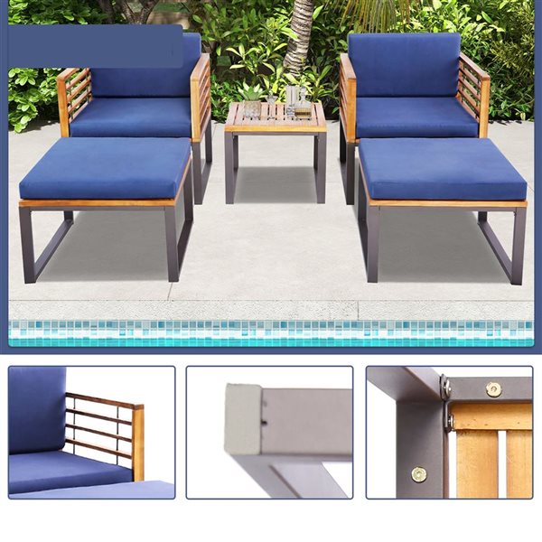 Costway 5-Piece Acacia Wood and Metal Chair and Table set w/ Navy Cushion