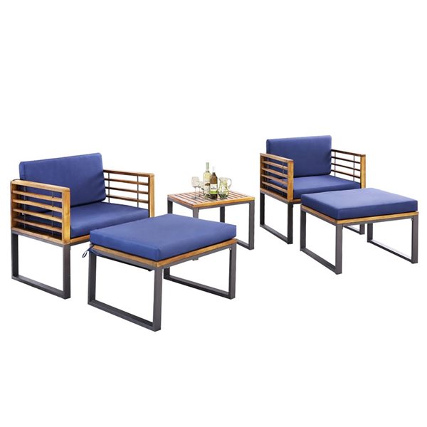 Costway 5-Piece Acacia Wood and Metal Chair and Table set w/ Navy Cushion