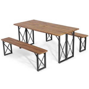 Costway 3-Piece Acacia Wood Outdoor Dining Table and Bench Set with 2-in Umbrella Hole