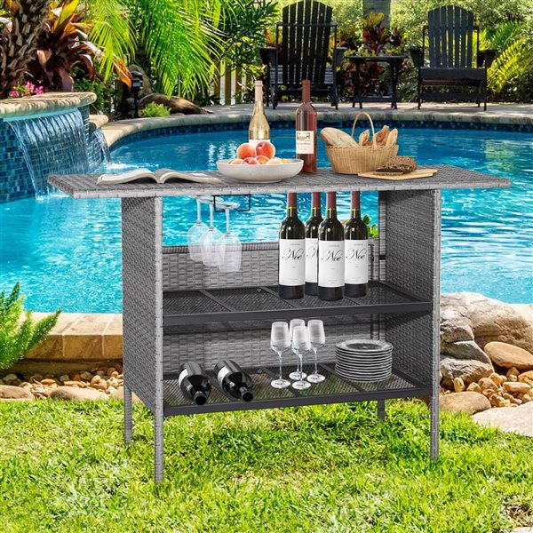 Costway 55-in x 18-in Gray Rattan Wicker Bar Height Table w/Storage Shelf