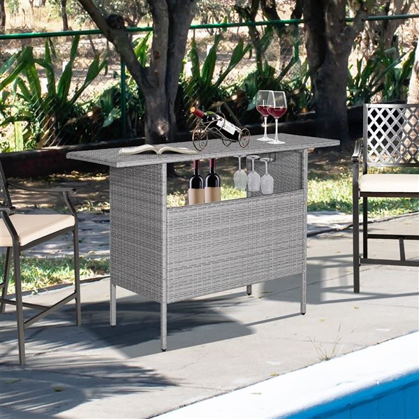 Costway 55-in x 18-in Gray Rattan Wicker Bar Height Table w/Storage Shelf