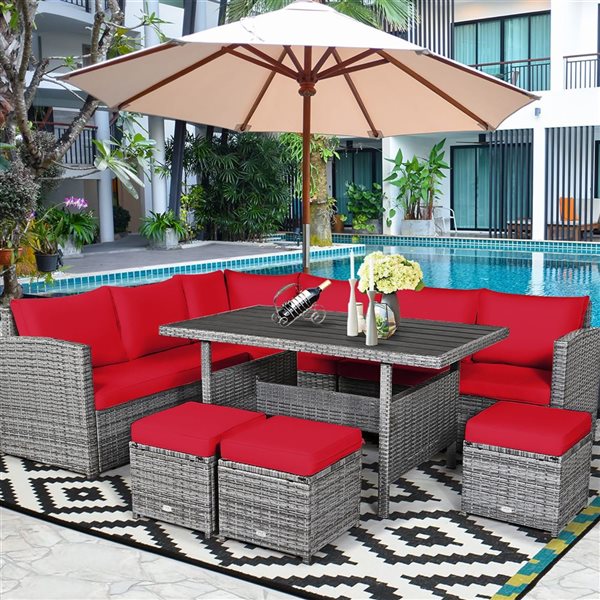 Costway 7-Piece Red Patio Rattan Sectional Sofa Set w/ Table and Ottoman