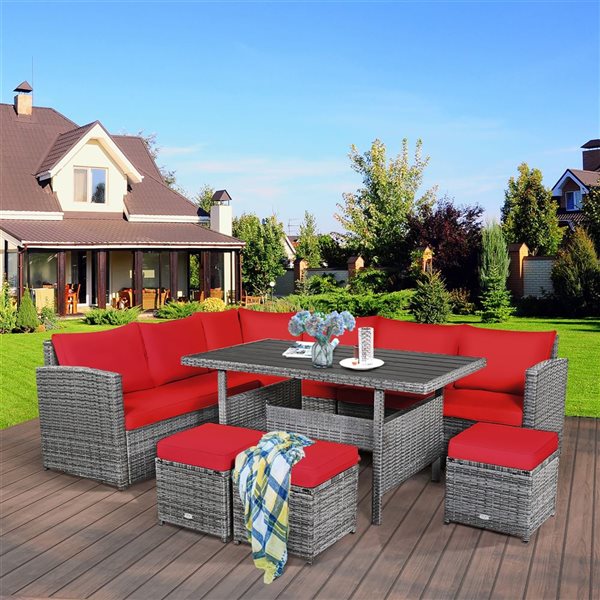 Costway 7-Piece Red Patio Rattan Sectional Sofa Set w/ Table and Ottoman