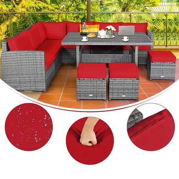 Costway 7-Piece Red Patio Rattan Sectional Sofa Set w/ Table and Ottoman