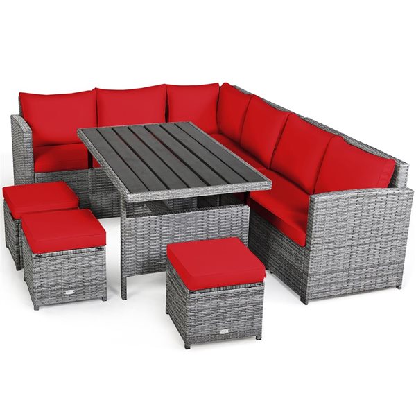 Costway 7-Piece Red Patio Rattan Sectional Sofa Set w/ Table and Ottoman