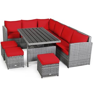 Costway 7-Piece Red Patio Rattan Sectional Sofa Set w/ Table and Ottoman