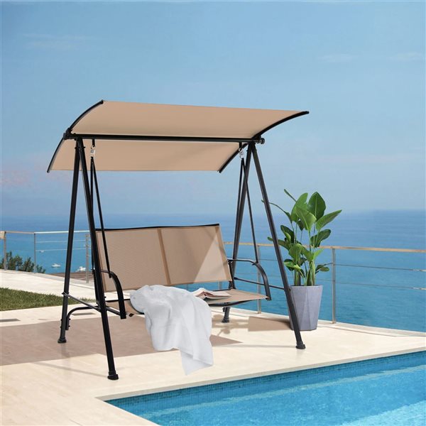 Costway 2-Seat Patio Swing with Dark Beige Adjustable Canopy