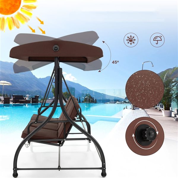 Costway 57-in 3-Seat Coffee Brown Patio Swing Glider w/ Adjustable Canopy
