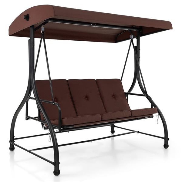Costway 57-in 3-Seat Coffee Brown Patio Swing Glider w/ Adjustable Canopy