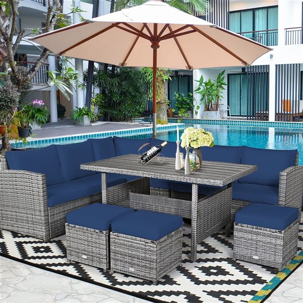 Costway 7-Piece Navy Patio Rattan Sectional Sofa Set w/ Table and Ottoman