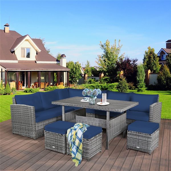 Costway 7-Piece Navy Patio Rattan Sectional Sofa Set w/ Table and Ottoman