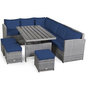 Costway 7-Piece Navy Patio Rattan Sectional Sofa Set w/ Table and Ottoman