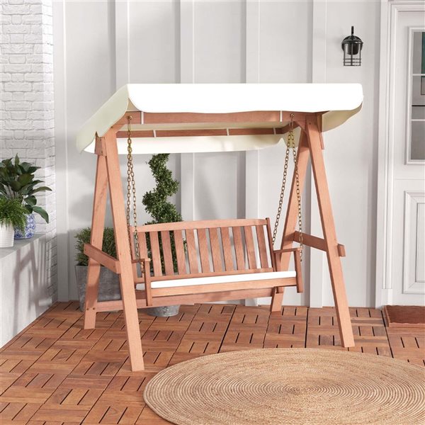 Costway 42.5-in 2-Seater Wood Porch Swing w/ Off-White Canopy