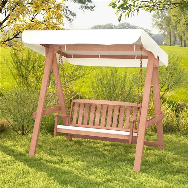 Costway 42.5-in 2-Seater Wood Porch Swing w/ Off-White Canopy