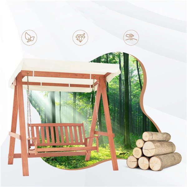 Costway 42.5-in 2-Seater Wood Porch Swing w/ Off-White Canopy